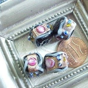 4 Venetian Black Cube Wedding Cake Beads Handmade Glass Roses Lampwork Vintage